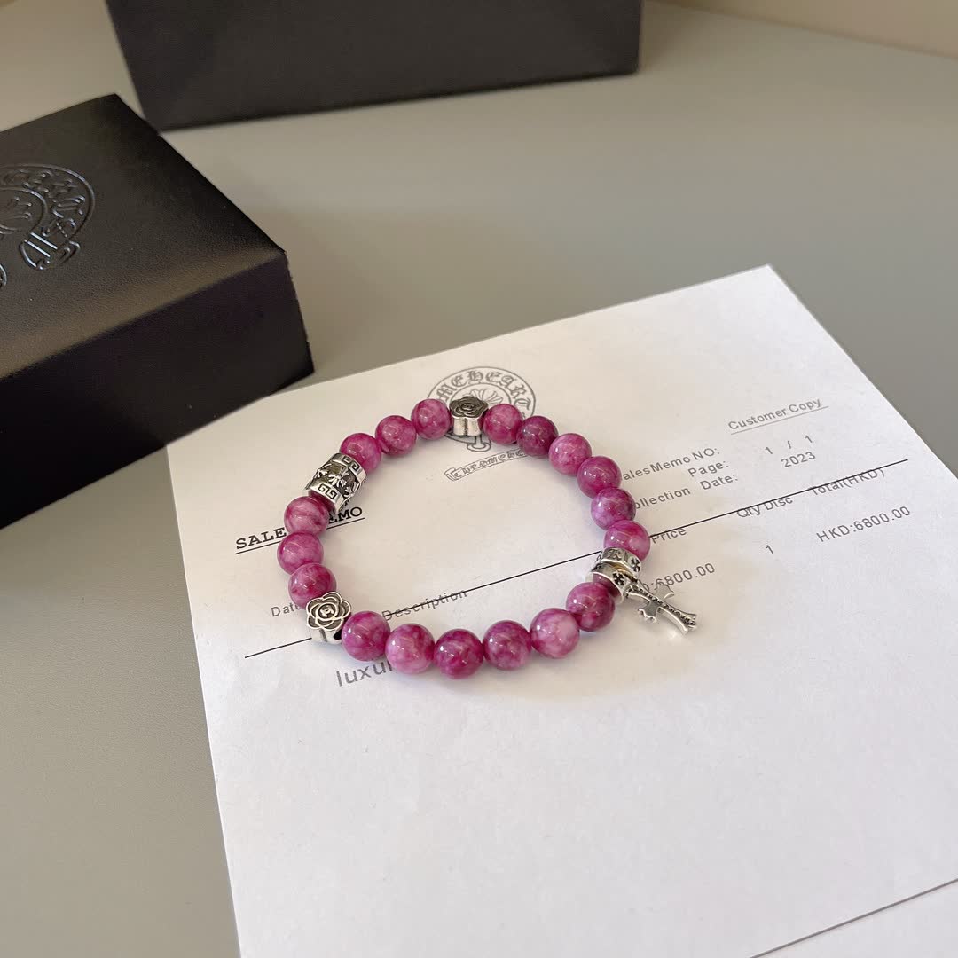 Chrome Hearts Purple Gemstone Bracelet with Silver Cross and Flower Charms